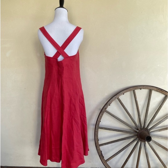 RALPH LAUREN Dress Cranberry Red 100% Linen Pockets Navy Lace-Up Zipper 10 NEW! - Picture 2 of 12